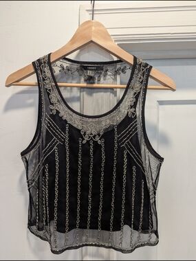 Forever 21 Black Mesh Tank with Silver Beaded Embroidery